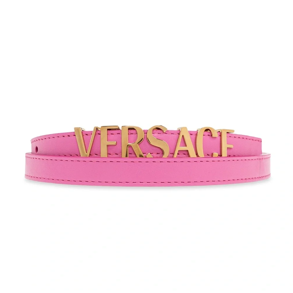 New Authentic luxury Versace Pink Leather Logo Belt Pink and Gold